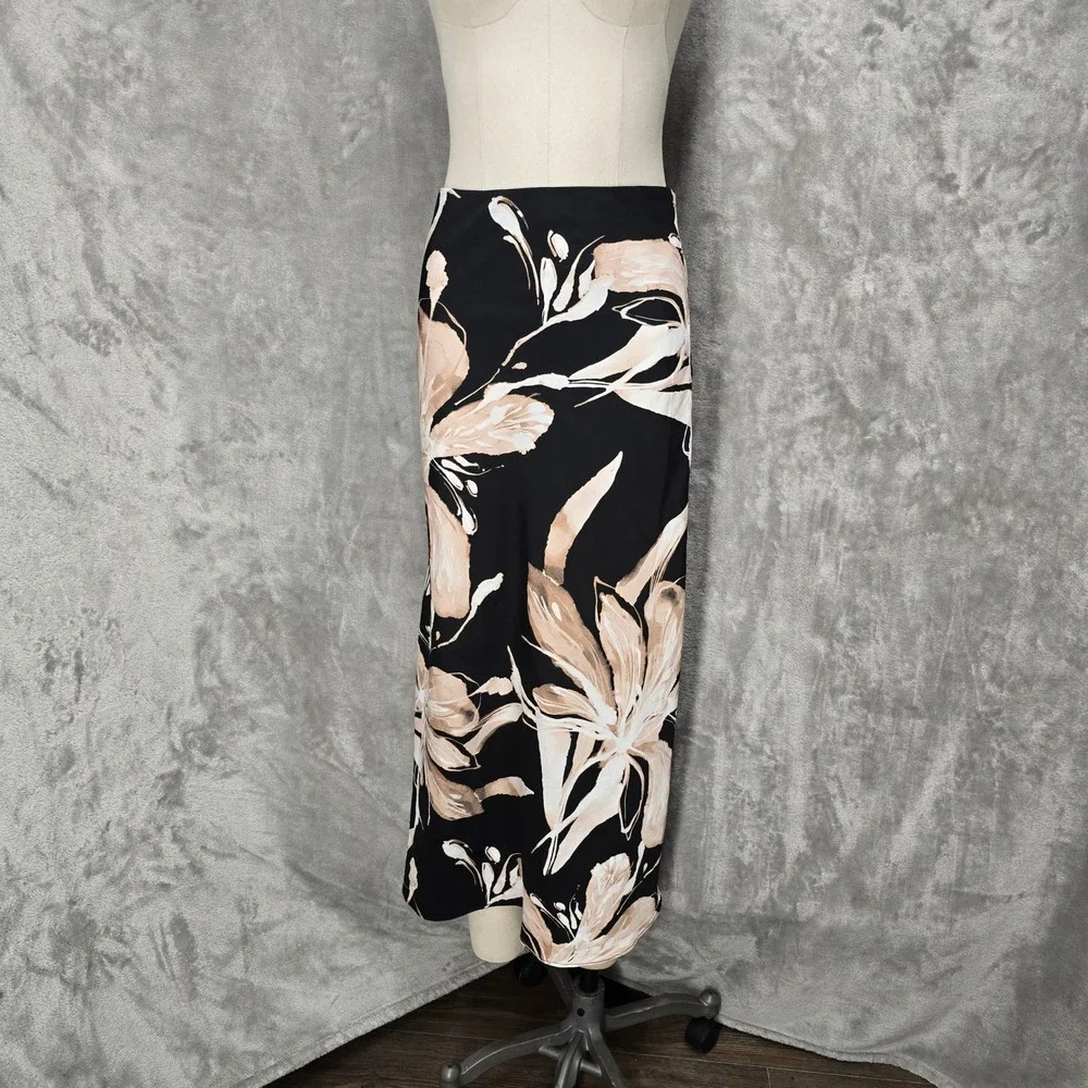 Gracia Maxi Skirt Women M Black Floral Satin Side Zip Boho Resort Minimalist